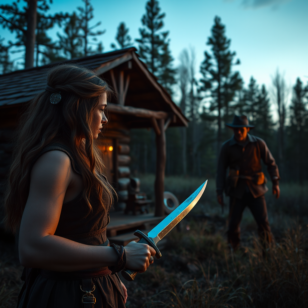 Real-life photography: In the evening, in the forest, there is a wooden cabin, and not far away, a female barbarian is holding a dagger, looking at a zombie in the distance. The zombie is dressed and wearing a hat.