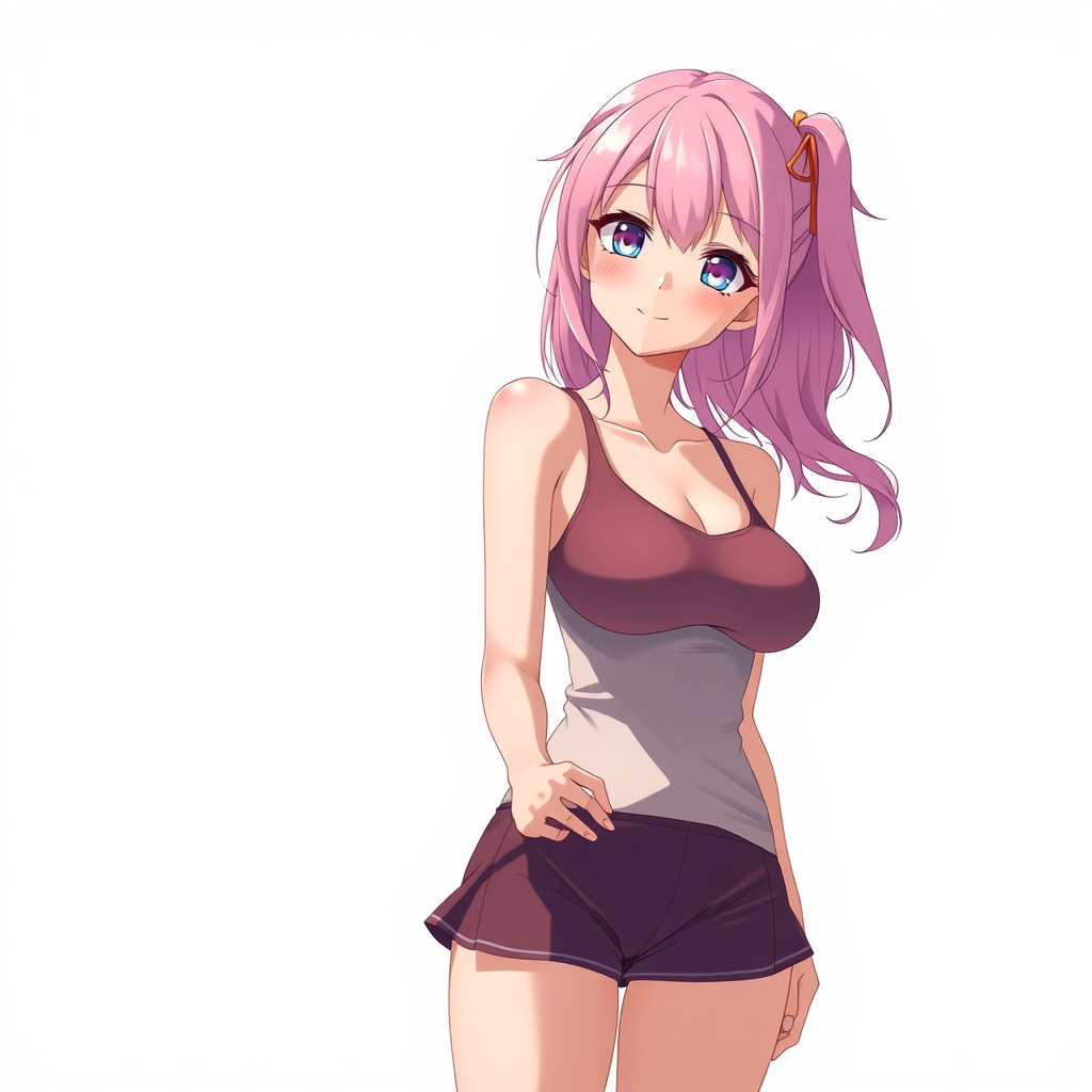 Anime art of a motherly woman, pink hair, school swimsuit, detailed body, standing, white background, stunning details, trending on ArtStation, anime artwork, anime cel shading, detailed soft shadows.