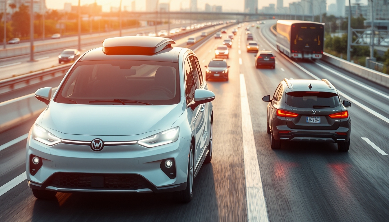 Autonomous vehicles on smart highways, depicting the future of transportation.