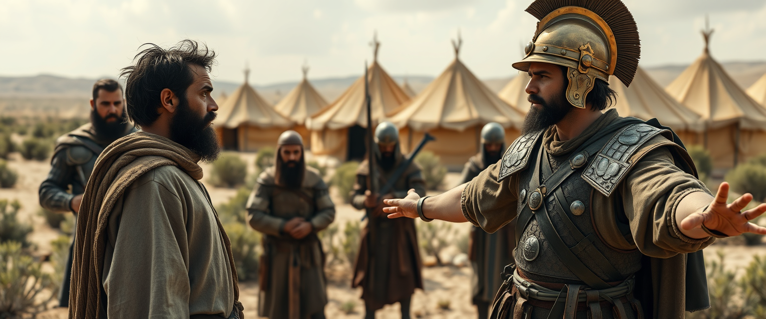 Create a scene of two men standing apart and arguing while four soldiers gather beside the man on the left. The man on the right is dressed in a simple shepherd's tunic; he is a young Jewish man with arms stretched out to the sides, looking shocked, with dark, messy unkempt hair and a beard. He is looking sternly at the left eye of the other man. The man on the left is a middle-aged Jew, has a black Jewish beard, and is wearing a full suit of biblical-era leather lamellar armor and a brass conical helmet with a pointed tip. In the background are Arabic army tents pitched on desert shrub land. The overall mood of the image is one of anxiety and concern. - Image