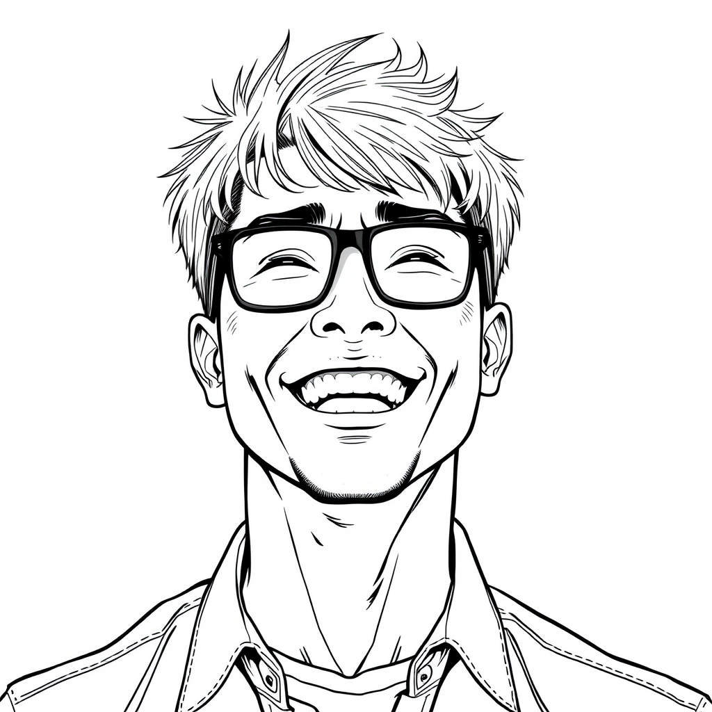 A cool black and white line drawing of a man around 35 years old, with short hair, Asian descent, wearing black-framed glasses for myopia, a bit of facial hair, a tough guy, in a shirt, with a full face that has defined lines, a strong physique, clean and refreshing skin, laughing heartily after winning.