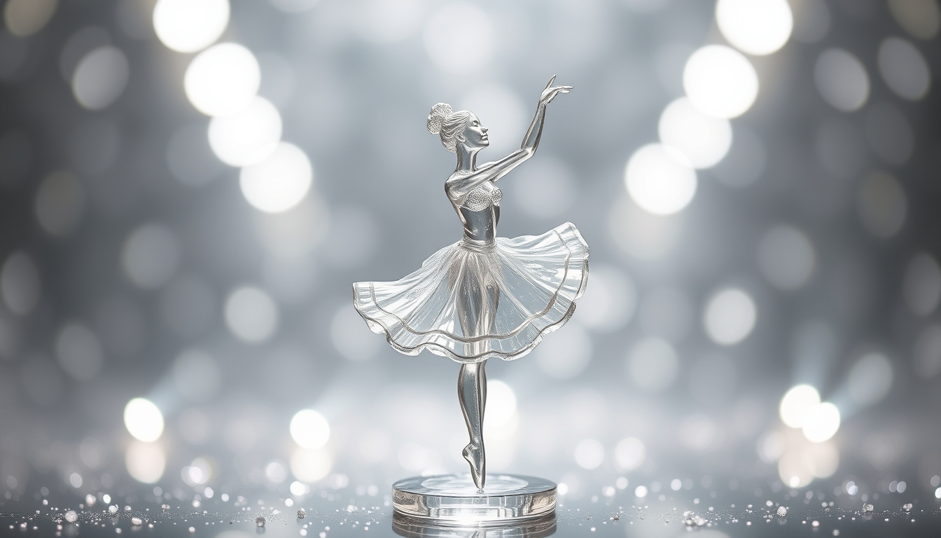 A delicate glass sculpture of a dancing ballerina, surrounded by shimmering light. - Image