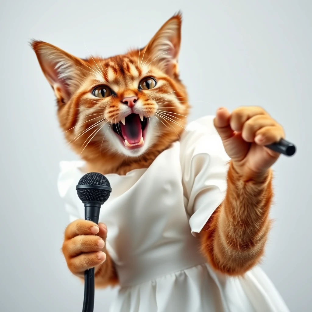 A cat wearing a white gown, very light and slender with shiny brown fur, a cute appearance, posed like a person, opening its mouth as if singing tightly holding a microphone, not human fingers, exactly in the shape of a cat's front paw.