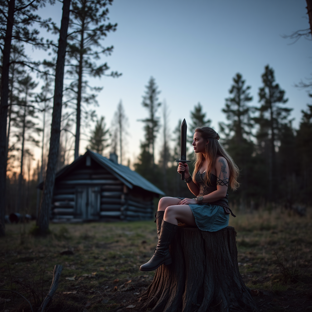 Real-life photography: In the evening, in the forest, there is a wooden cabin, and next to it, a female barbarian is sitting on a wooden stump, holding a dagger and looking at it.