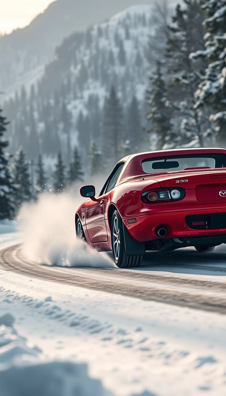 Create an image of a red 1991 Mazda MX-5 drifting on a snowy mountain road.