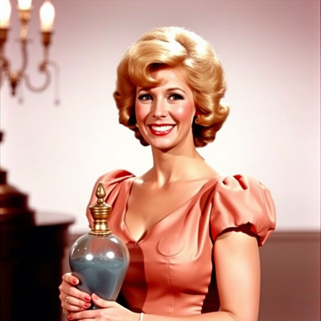 Barbara Eden in "I Dream of Jeannie," smiling as she stands beside her genie bottle.