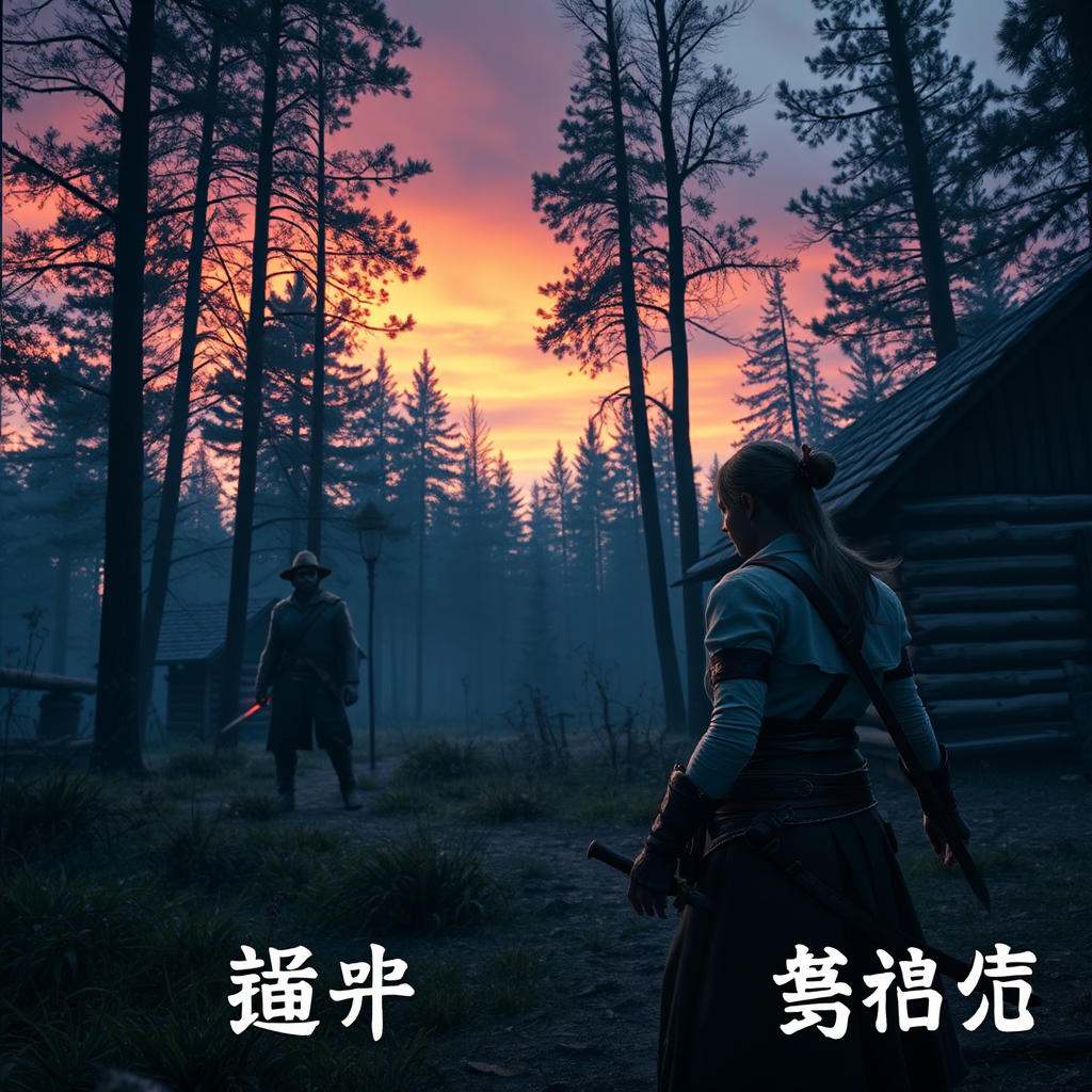 Real-life photography: In the evening, in the forest, there is a wooden cabin, and not far away, a female barbarian is holding a dagger, looking at a zombie in the distance. The zombie is dressed and wearing a hat. There are Chinese letters or Japanese letters. - Image