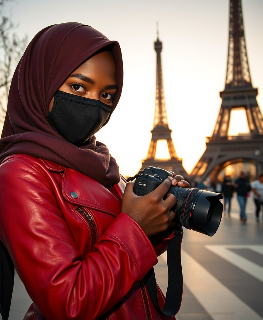 Biggest soft chocolate hijab Muslim girl, beautiful eyes, black face mask, red leather jacket, biggest skirt, holding DSLR Canon camera, sunrise, morning scenery, Eiffel Tower, hyper-realistic, street photography. - Image