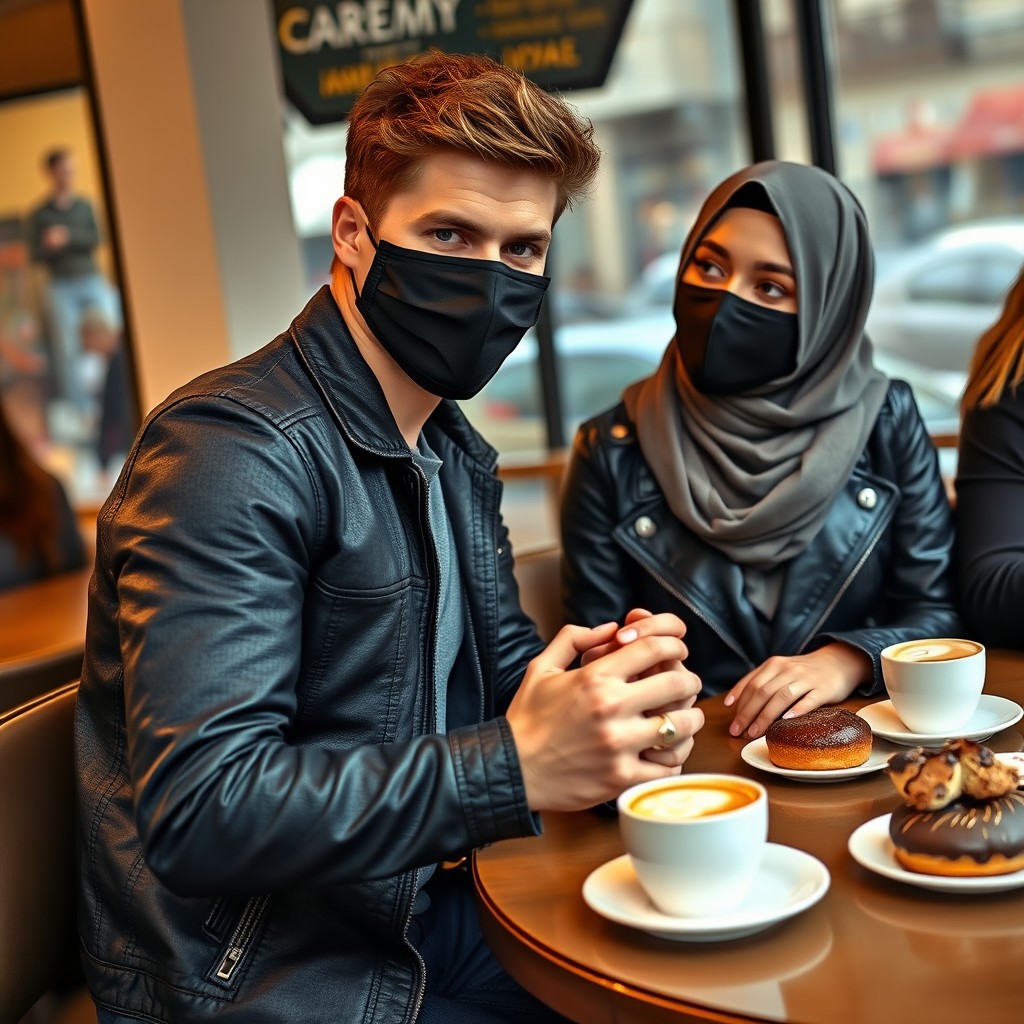 Jamie Dornan's head and body shot, handsome, face mask black, blue jeans jacket, jeans, dating a beautiful Muslim girl with a grey hijab, beautiful eyes, face mask black, black leather jacket, biggest zebra pattern skirt, at a cafe, 2 cups of latte, muffin cake, chocolate donut on a table, with another 3 friends, photorealistic, hyper-realistic, street photography, selfie. - Image