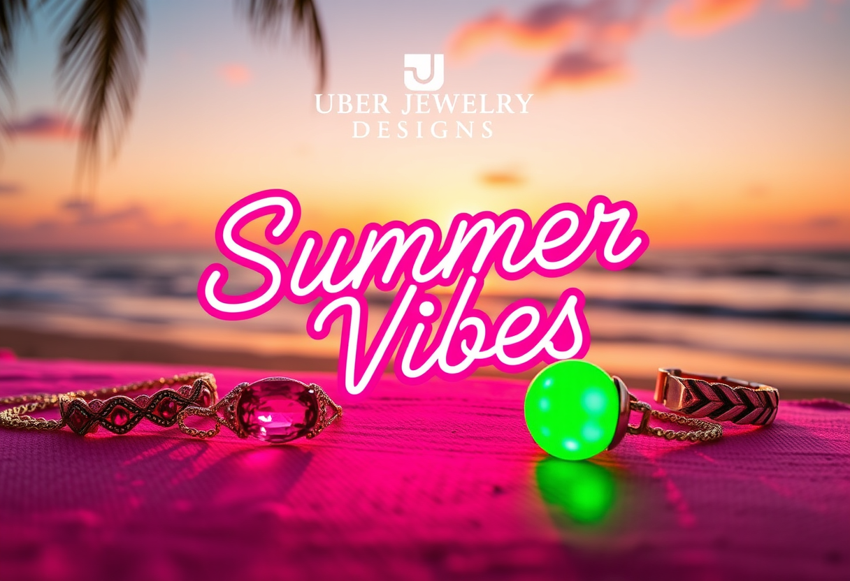 2. **Retro-themed promotional photo** of Uber Jewelry Designs, with jewelry in neon pink and green hues, "Summer Vibes" in a vintage neon font, asymmetrically placed, against a sunset beach backdrop, neon lighting effects, low-angle shot to emphasize depth, vibrant and eye-catching. - Image