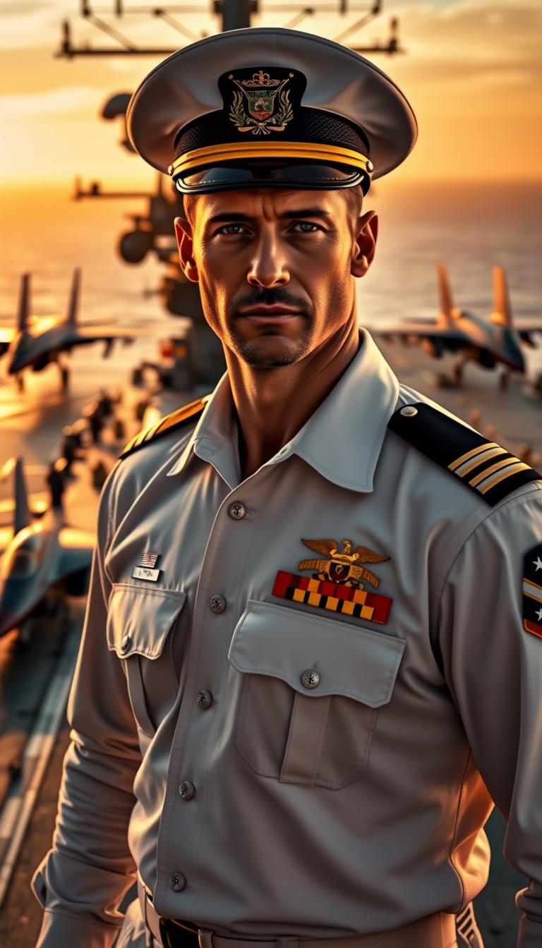 Main Character: A handsome and strong American admiral, appearing younger than his 40s, with a rugged yet distinguished face and a confident demeanor. He's wearing a crisp, perfectly fitted U.S. Navy Admiral uniform, complete with all the appropriate decorations and insignia. His posture is straight and proud, reflecting his authority and experience.
Background: The vast deck of a modern American aircraft carrier at sea. The background should feature the various intricate details of the carrier deck, such as fighter jets, crew members going about their duties, and the vast expanse of the ocean. The scene should be bathed in the warm, golden light of either sunrise or sunset, creating a dramatic and visually stunning backdrop.
Visual Style: Professional, cinematic photography, focusing on sharp details, realistic textures, and a deep, rich color palette. The vastness of the carrier and the ocean should be emphasized, creating a sense of scale and grandeur. The admiral should be the clear focal point, his strong presence commanding attention against the impressive backdrop. The image should evoke a sense of power, duty, and the immense responsibility that comes with his rank. Aim for a style similar to renowned war photographers or National Geographic. - Image