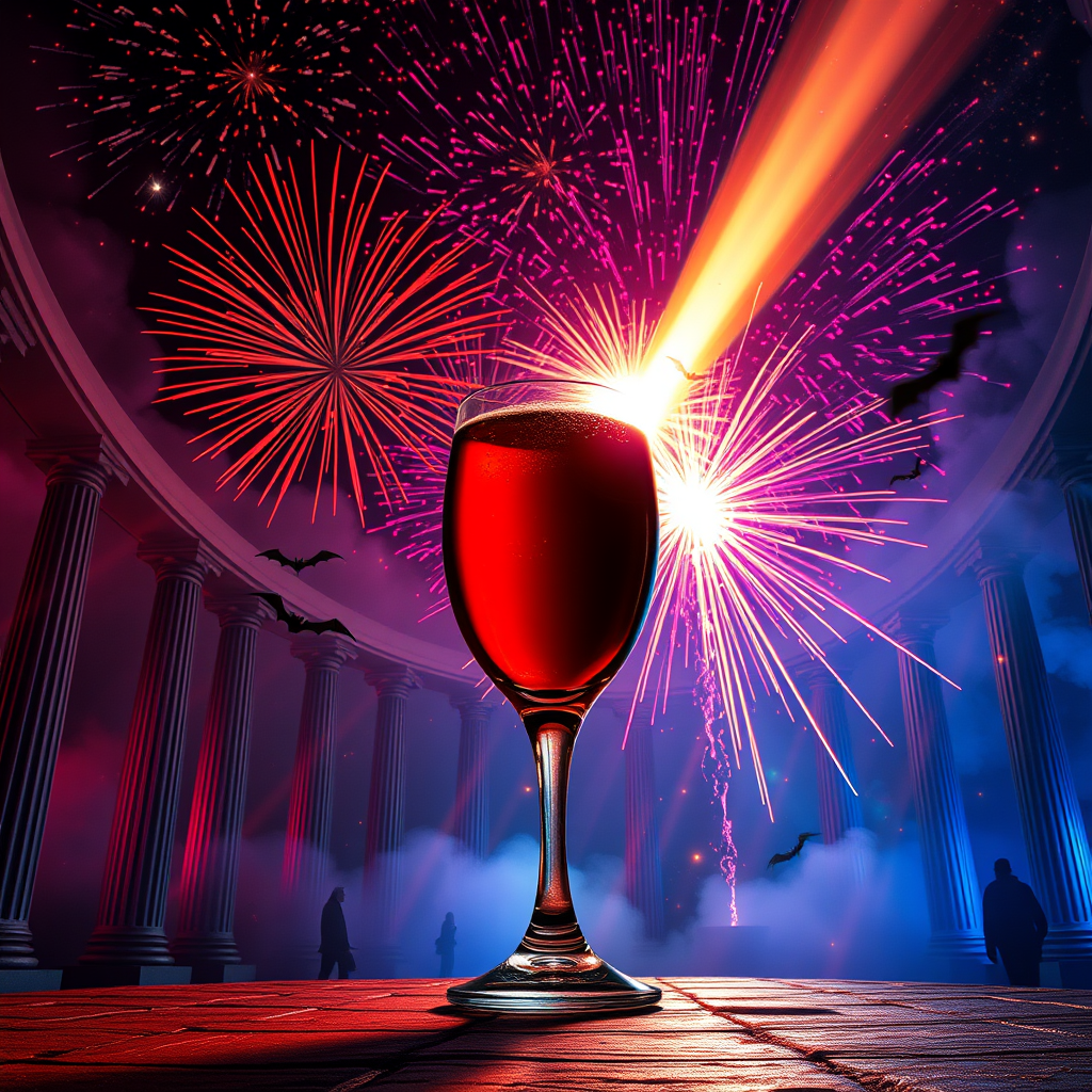 All glassblowing superrealism style urban vampire style ONLY ONE BIG glass of wine in the center strong light beam in spiral fireworks stars light astral realm interdimensional palace columns some flying little bats outdoor red purple blue glow Happy festival feeling.