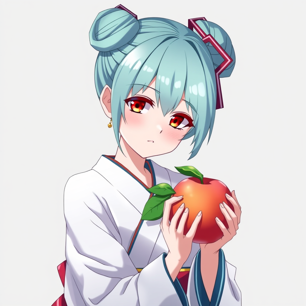 In an anime style, Hatsune Miku with her hair up in a bun wearing a white kimono holding a peach. She has red eyes.