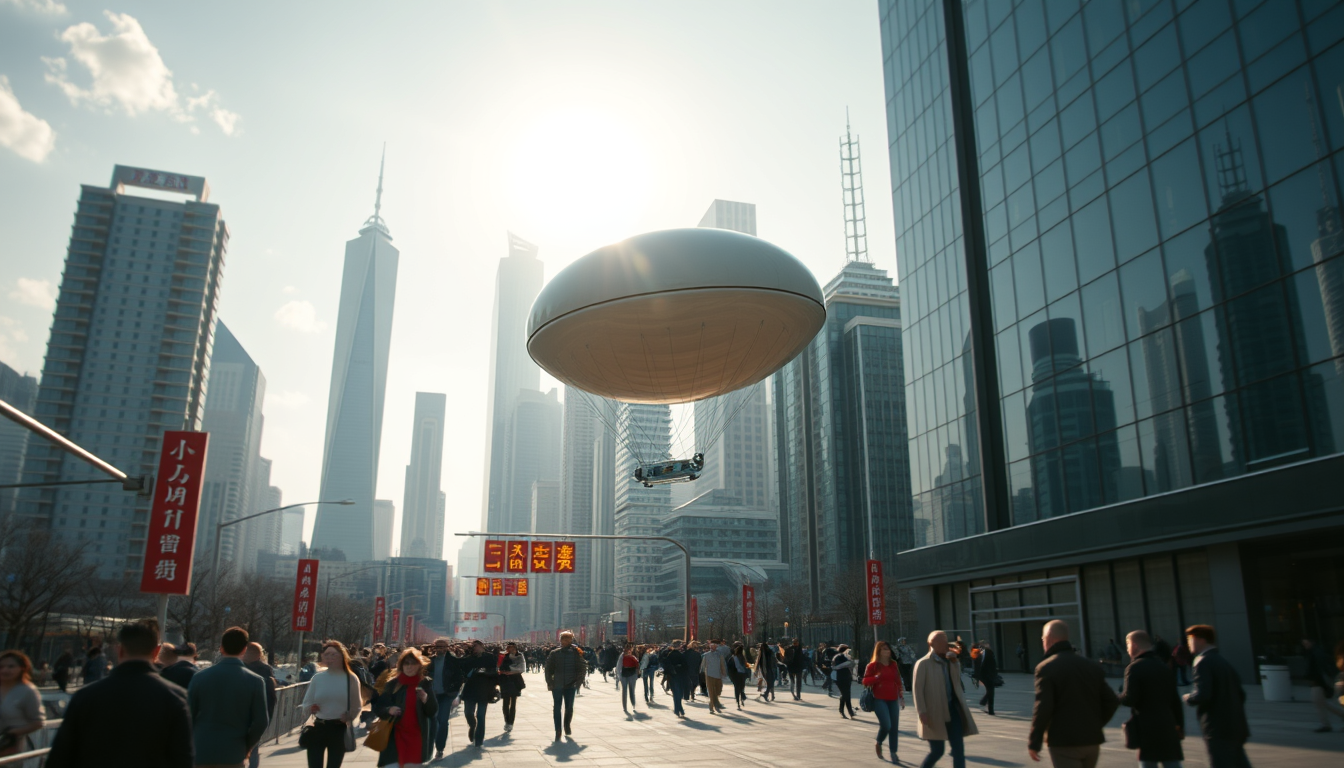 Create a stunning high-resolution image of a futuristic city. The skyline should be filled with towering skyscrapers and a handful of hidden Chinese signs. Include a light-colored elliptical balloon-type robot hurtling through the air, with tiny black balancers on either side of the balloon; no ropes should appear. The streets should be bustling with people dressed in fashion-forward fashions. Highlight the small balloon-type robot, performing its rounds in the sky, and the beautiful sunlight reflecting on the glass surfaces of the buildings, creating an atmosphere of excitement and innovation. Very clear and realistic details, complementary colors, optimal quality. - Image