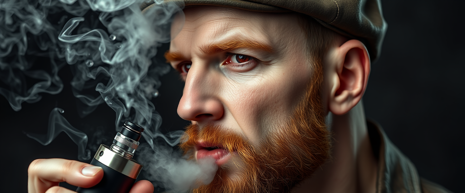 Hyper-realistic three-quarter portrait of a demonized white male, bald with meticulously detailed ginger stubble, donning a worn leather flatcap. Piercing red eyes gleam as he exhales dense, swirling vapor clouds from an intricately designed chrome vapemod. Iridescent e-liquid droplets suspended mid-air.