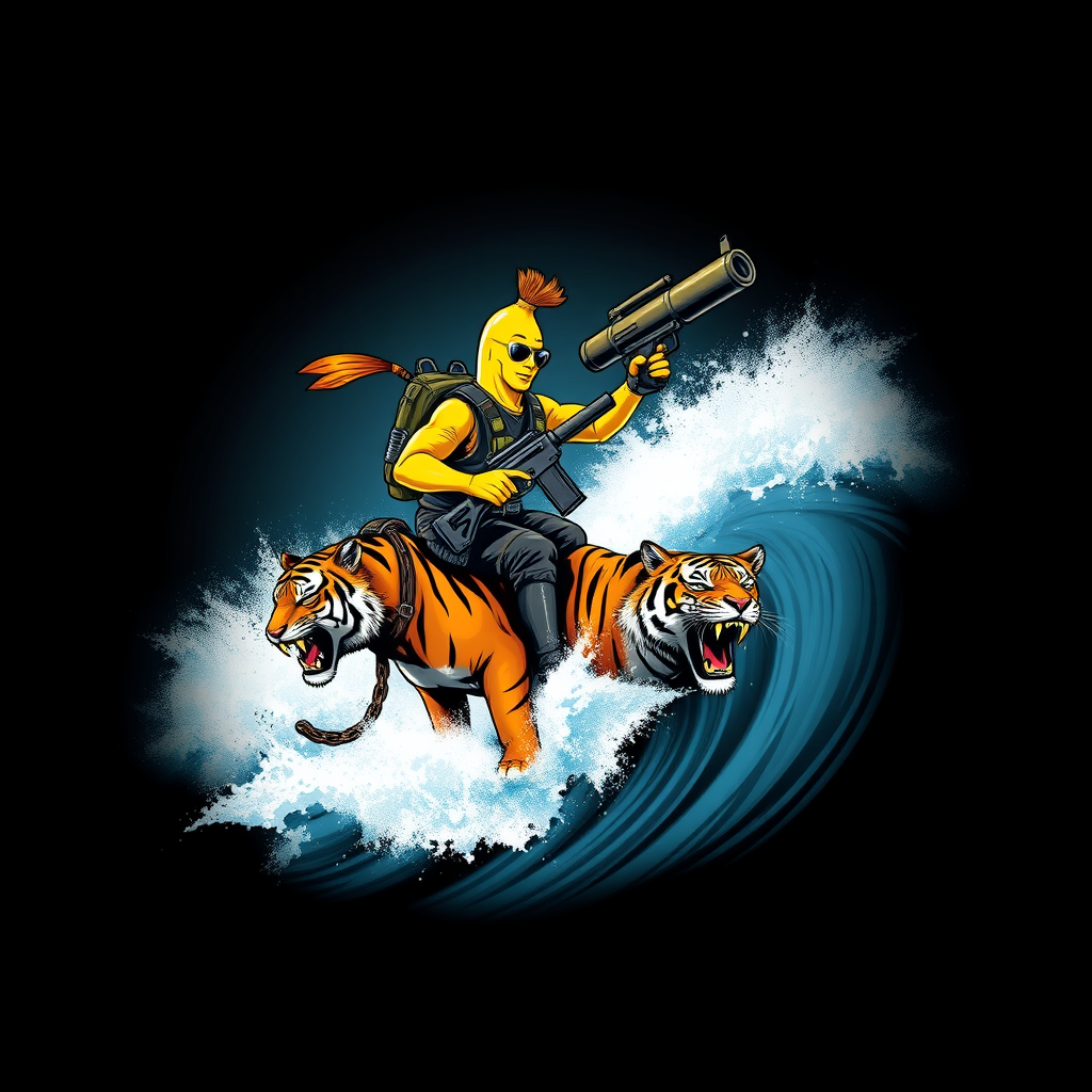 A tee shirt design of a sentient anthropomorphic determined banana man dressed in Rambo gear, carrying a huge rocket launcher in one hand, a huge chain gun in the other hand, while surfing on a Bengal tiger on a huge ocean wave. Epic design. Fading to black around the entire boundary of the image. Vibrant future punk colors.