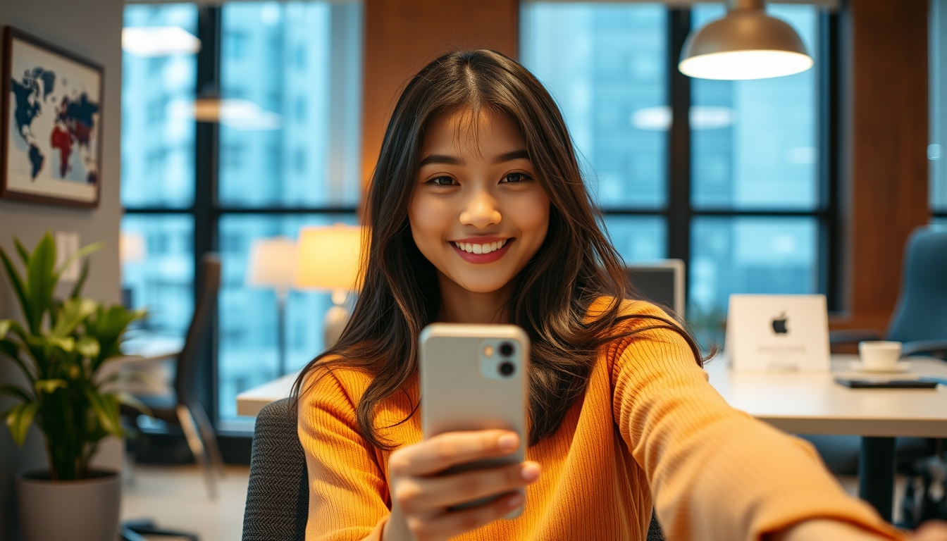 An Asian girl sitting in an office taking a selfie, with warm colors in the subject style and complete details in the image.