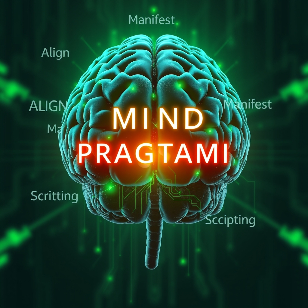 Mind Programming: An abstract visual of a brain with green circuitry lighting up, symbolizing the subconscious mind being programmed. Words like "Align," "Manifest," and "Scripting" float around the brain in a matrix-style font. 4k resolution and hyper realistic. - Image