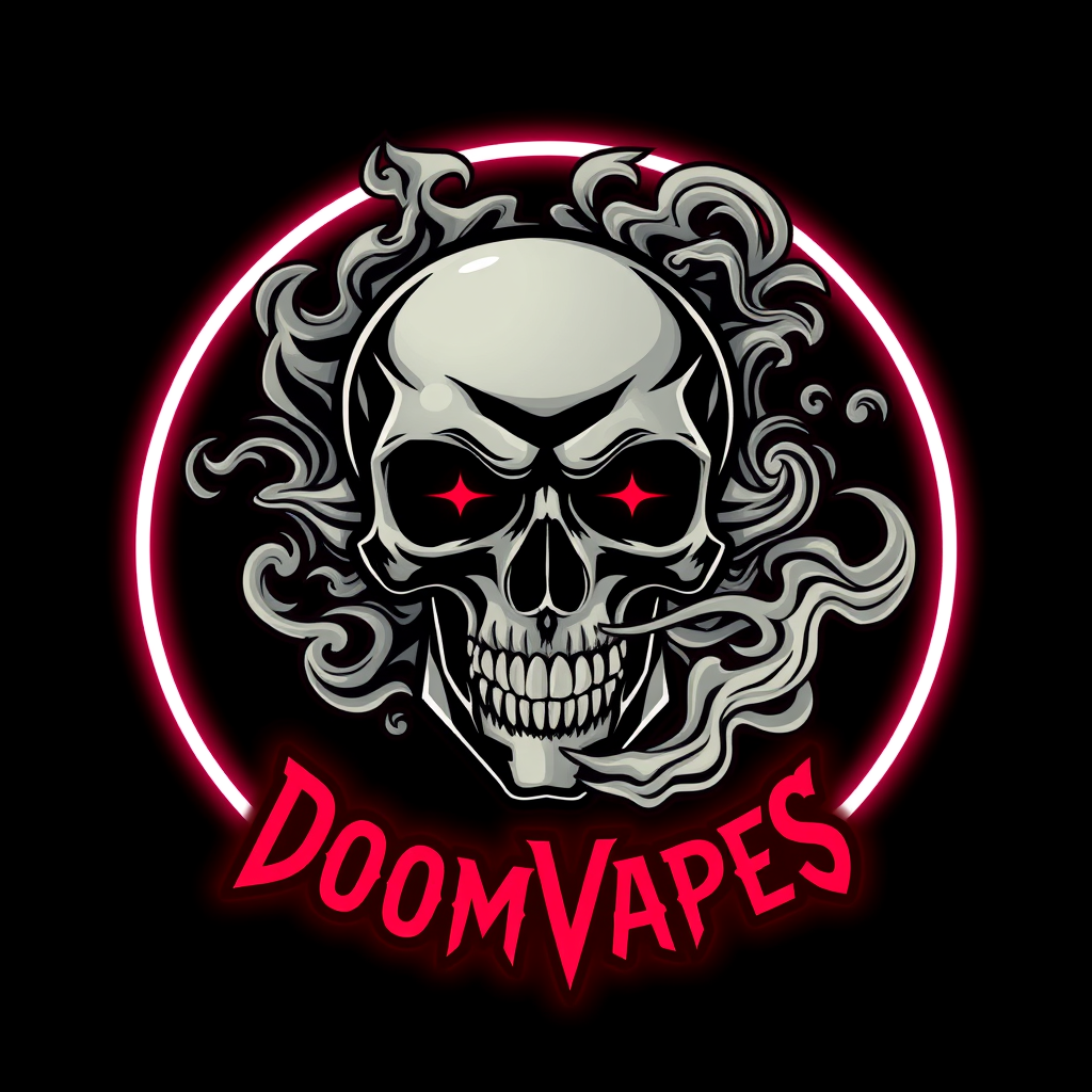 Logo for DoomVapes, a vape company, featuring a stylized skull exhaling intricate vapor clouds. Dark, gothic aesthetics with neon accents.