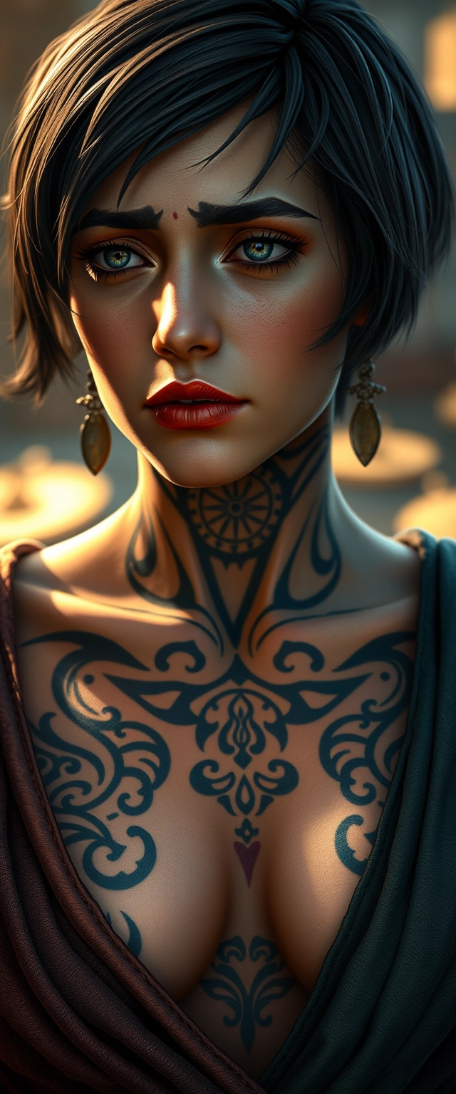 Close-up chest shot of Evelyn from Baldur's Gate as a real Persian woman having facial, chest, and neck tattoos, with a sad expression, short hair, and lip gloss.