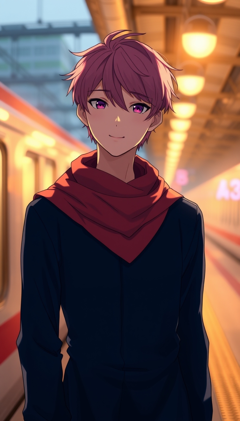 A Japanese guy, wearing a dark blue long-sleeve dress with a red scarf around his neck, pink hair, golden hour, Tokyo train station background, bokeh, realistic image. - Image