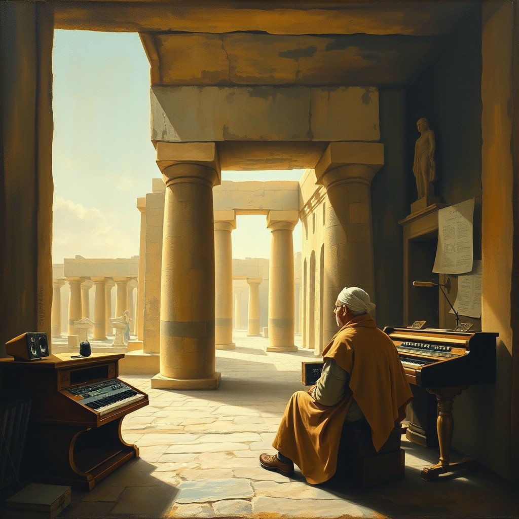 An old oil painting of an Egyptian temple. Inside, an old hermit sits in front of a sound console, viewed from the side.