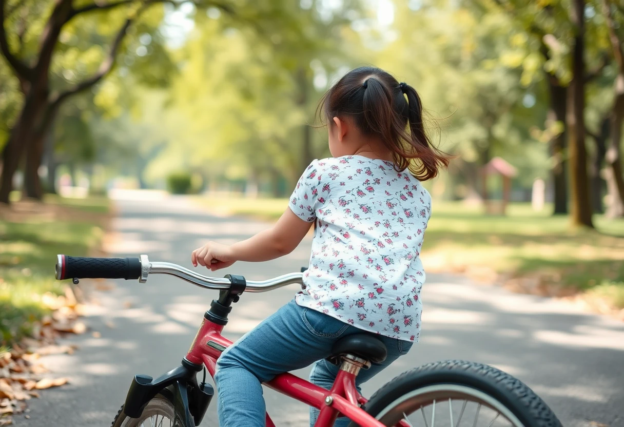 In the park, a beautiful ten-year-old Chinese girl accidentally fell off her bicycle. A distant view, full-body shot.