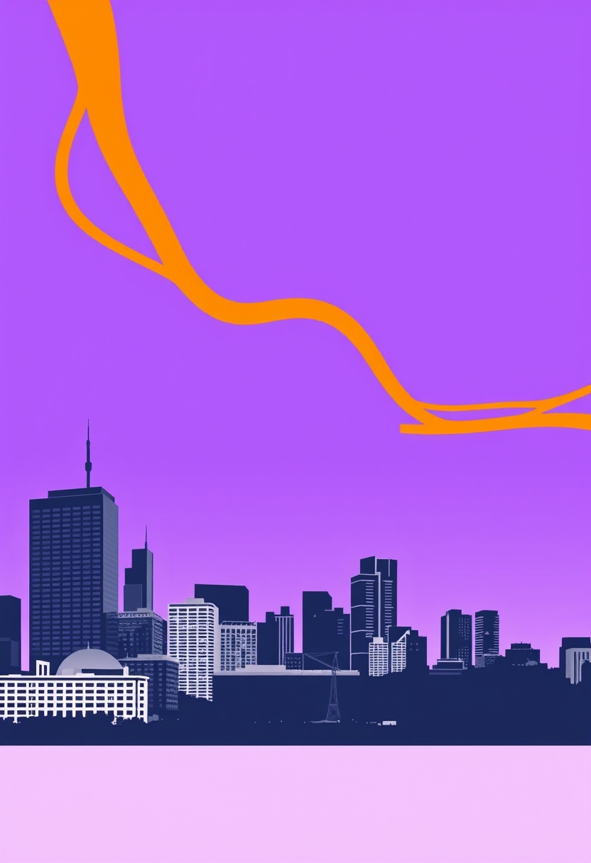 A city with a purple background and orange lines.