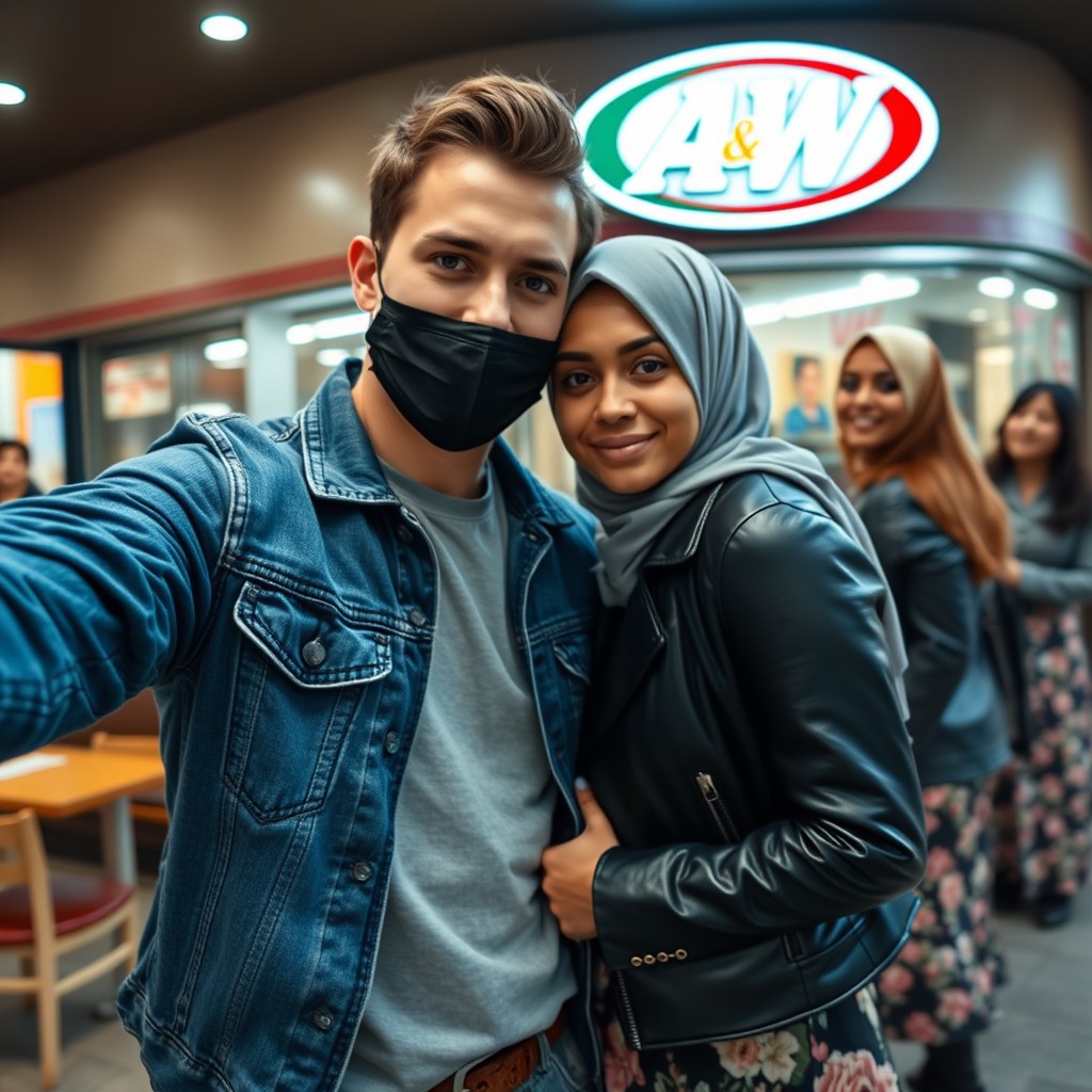 Jamie Dornan's head and body shot, handsome, young, face mask black, blue jeans jacket, jeans, dating love with grey hijab Muslim girl, beautiful eyes, face mask black, black leather jacket, biggest floral skirt, at A&W fast food restaurant, with another 3 friends smiled at back, photorealistic, hyper realistic, street photography, selfie.