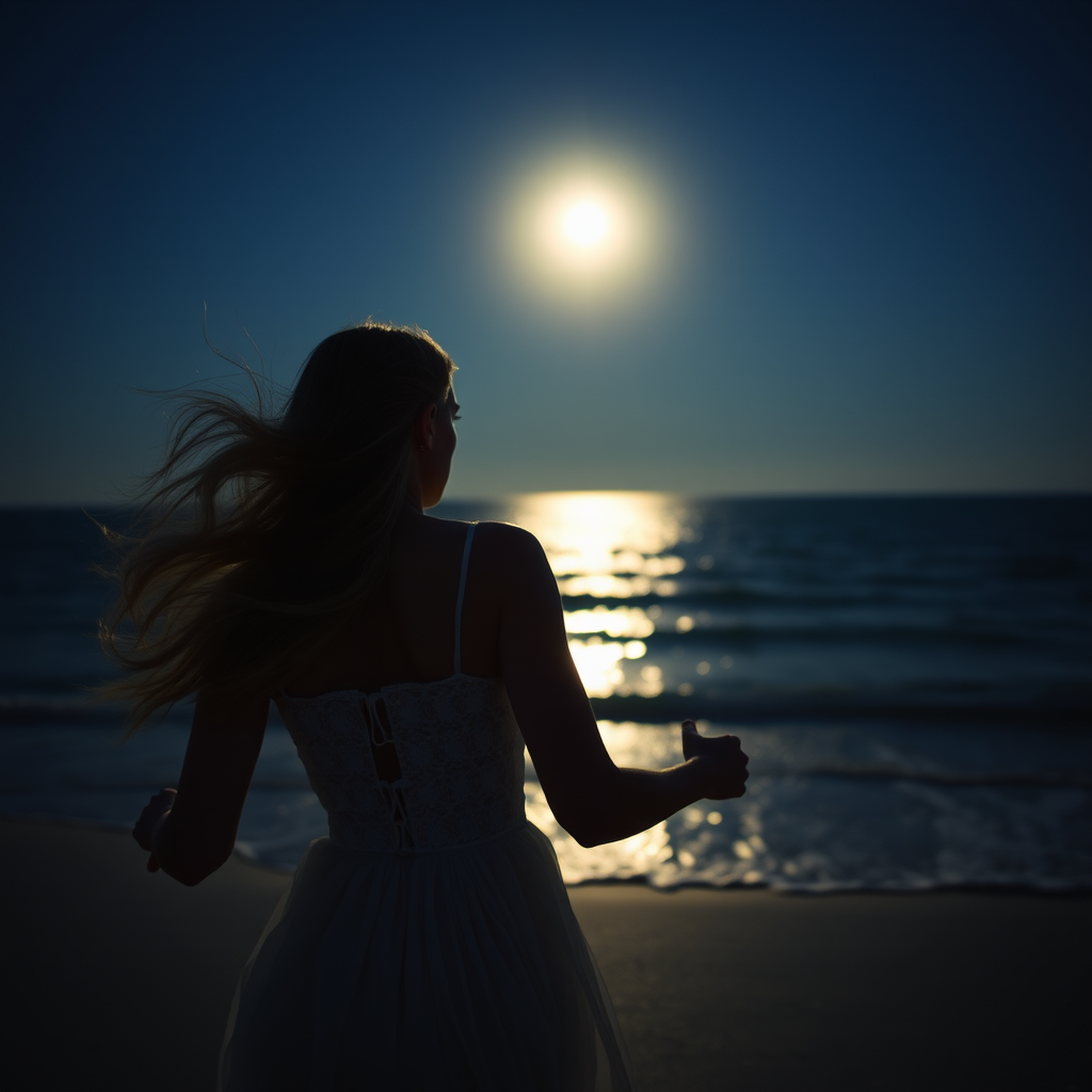 A fair-skinned blonde woman is running towards the sea under the moonlight in a distant picture.