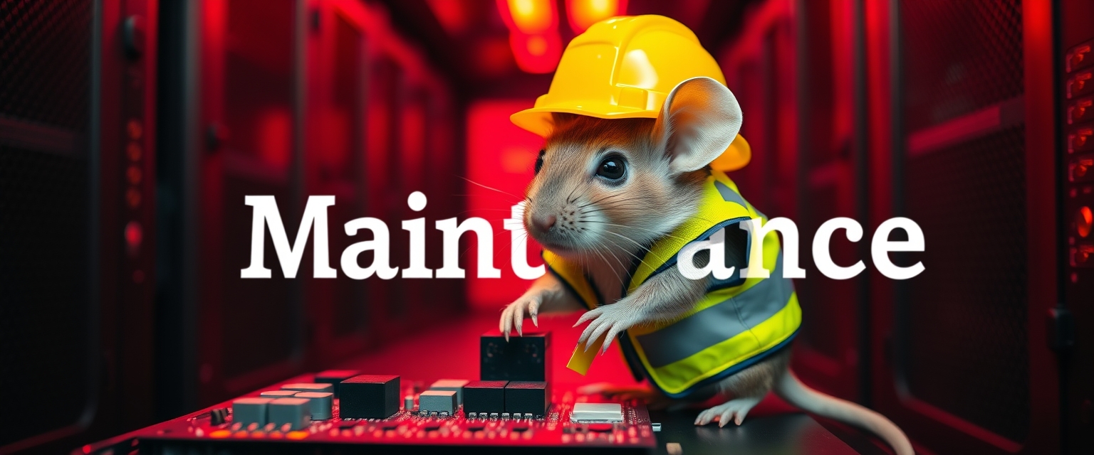 A small mouse with a hard hat and high visibility vest is repairing a circuit board. The mouse has a serious look in his eyes. The background shows a server room illuminated only by red emergency lighting, creating a red ambient glow. The text in the background says "Maintenance."