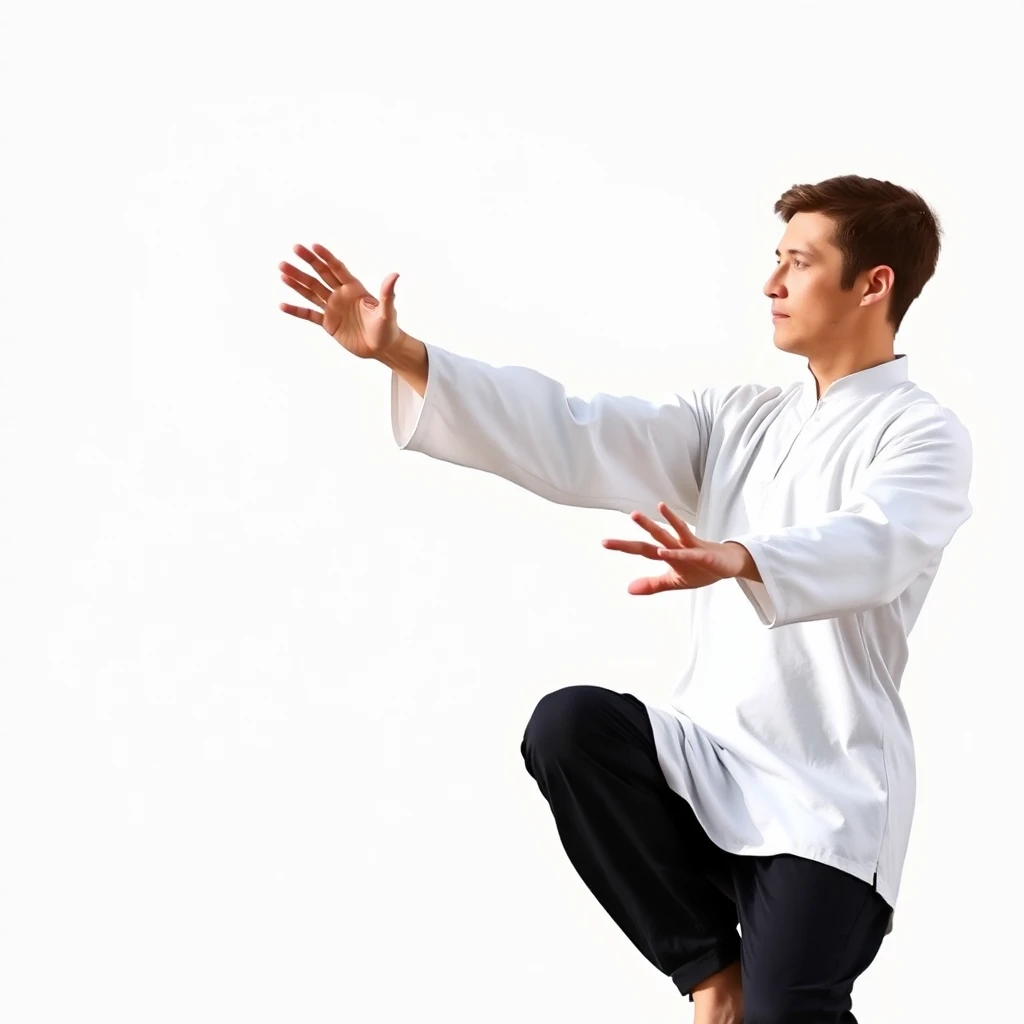 Photo of a college male performing Tai Chi in the White Crane Spreads Its Wings posture. He stands in a balanced and poised stance with his left hand extended upward, his right hand is extended downward, and palm facing inward, emphasizing the grace and fluidity of the movement. The background is serene and minimalistic, highlighting the intricate hand movements and overall posture of Tai Chi. - Image