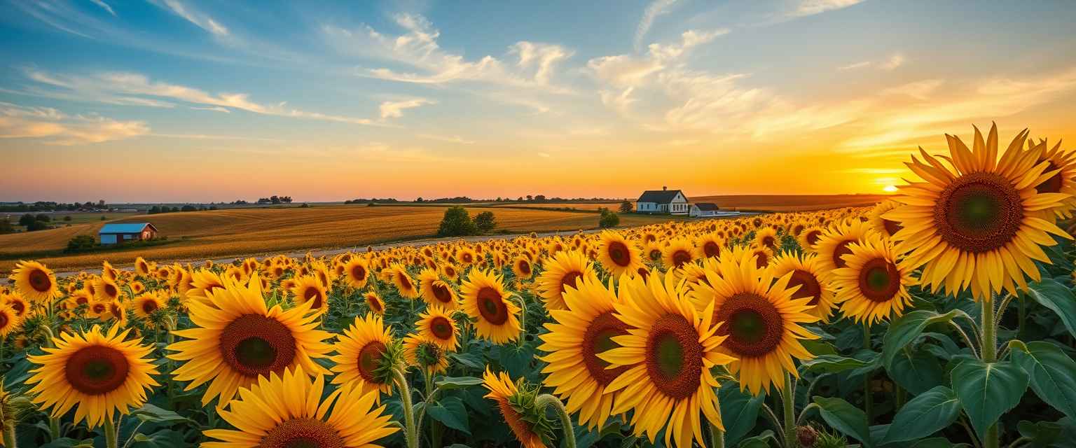 Vibrant, sunflower fields, golden blooms, high quality, photorealistic, summer, cheerful, idyllic, rural, panoramic, breathtaking, rural farmhouses, blue skies, windblown fields, sunset, floral arrangements.