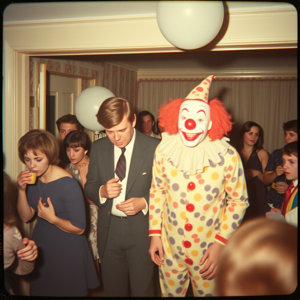 An image of a faded 1960s film photograph of a house party in England with a weird clown looking on, vintage film.