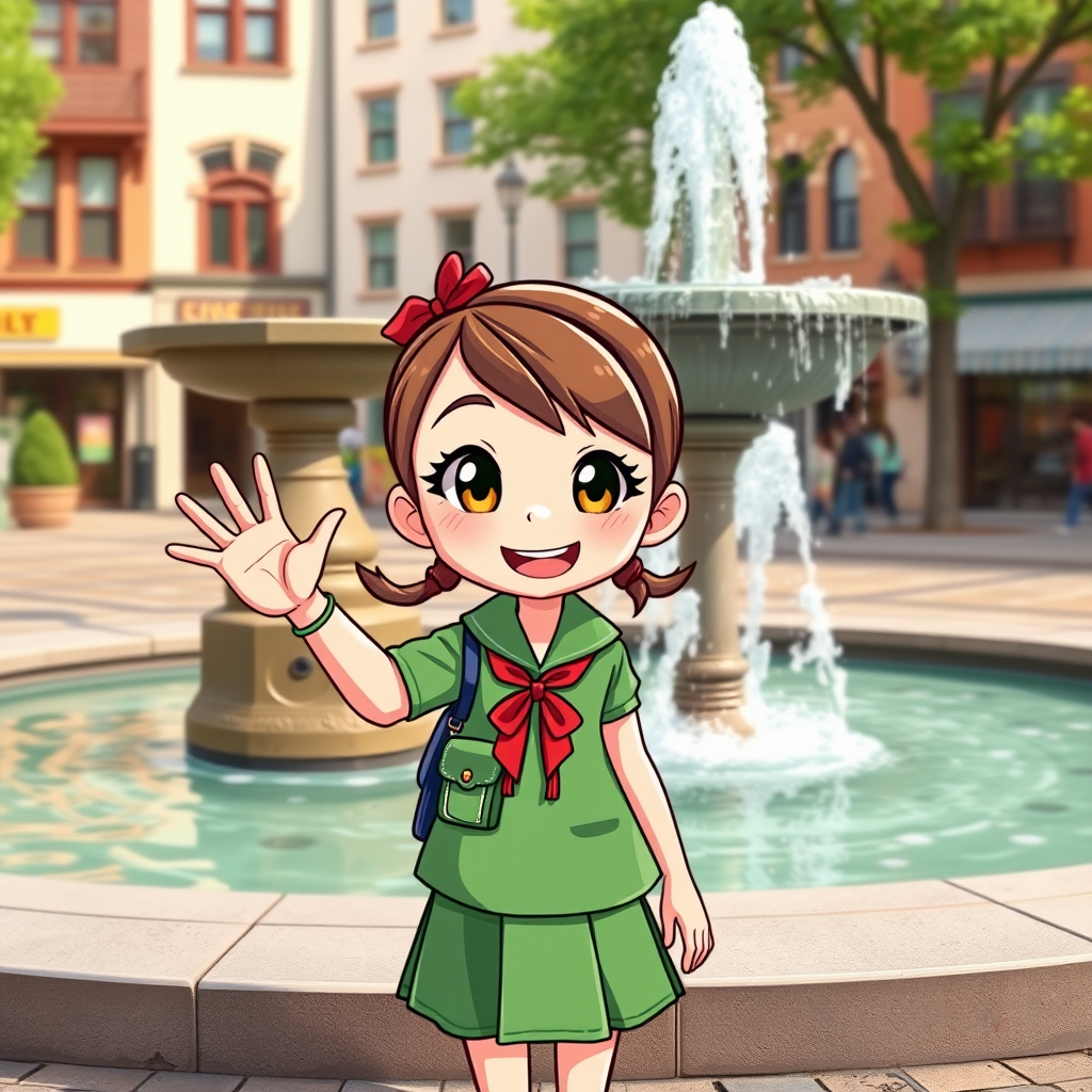 A cute, energetic middle school girl in a green outfit, styled in a two-dimensional art style, is standing by a town fountain, looking at the camera and smiling while waving hello.