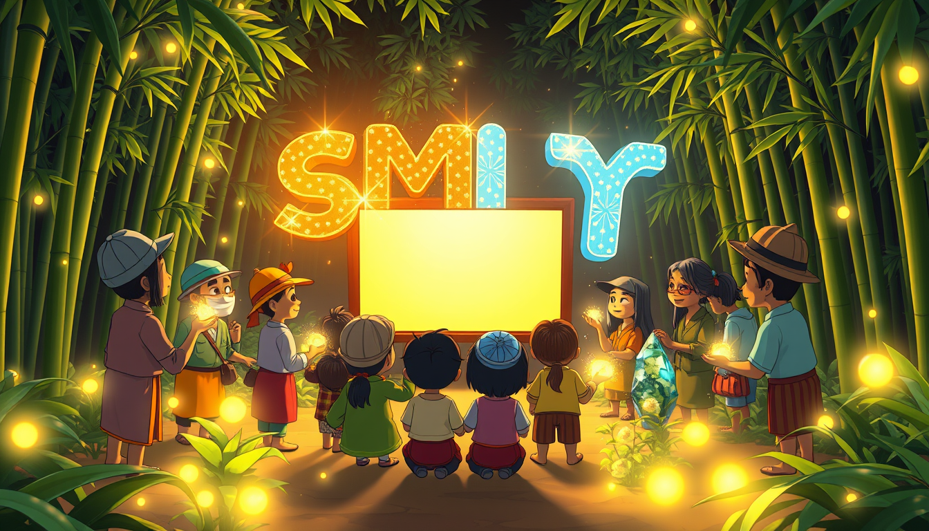 Cartoon style: Vietnamese villagers from various walks of life gather in a clearing surrounded by bamboo groves, facing a glowing screen. Firefly-like lights dance from their palms, converging to form a shimmering "SMLYT" above their heads. The letters are depicted in a bold, cartoon 3D style with exaggerated proportions and vibrant colors. Each letter appears to be made of a different material - metal, wood, crystal, and living plants - with animated textures that continuously shift and change. - Image