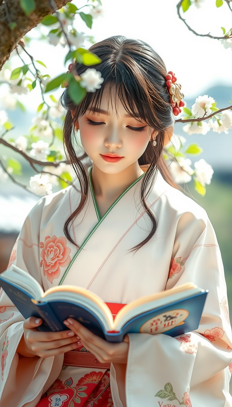 A Japanese beauty is reading a book under a tree. - Image