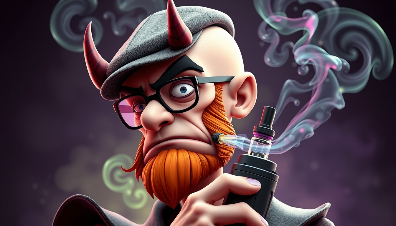 Three-quarter view of a sinister, bald cartoon human male with necromancer lich features. Demonic horns, short fiery ginger beard contrasts with dark eyebrows. Wears a weathered flat cap and aviator glasses. Clutches a sleek vape mod, exhaling dense, swirling vapor clouds. Vibrant e-liquid drips off his pale skin, creating a colorful aura. 3D rendered.