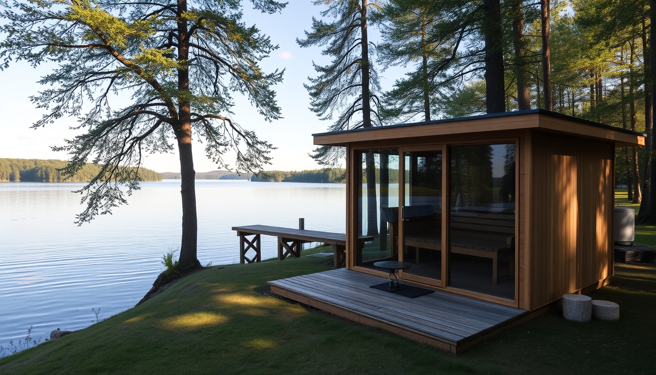 A peaceful lakeside retreat with a glass-fronted sauna overlooking the water.