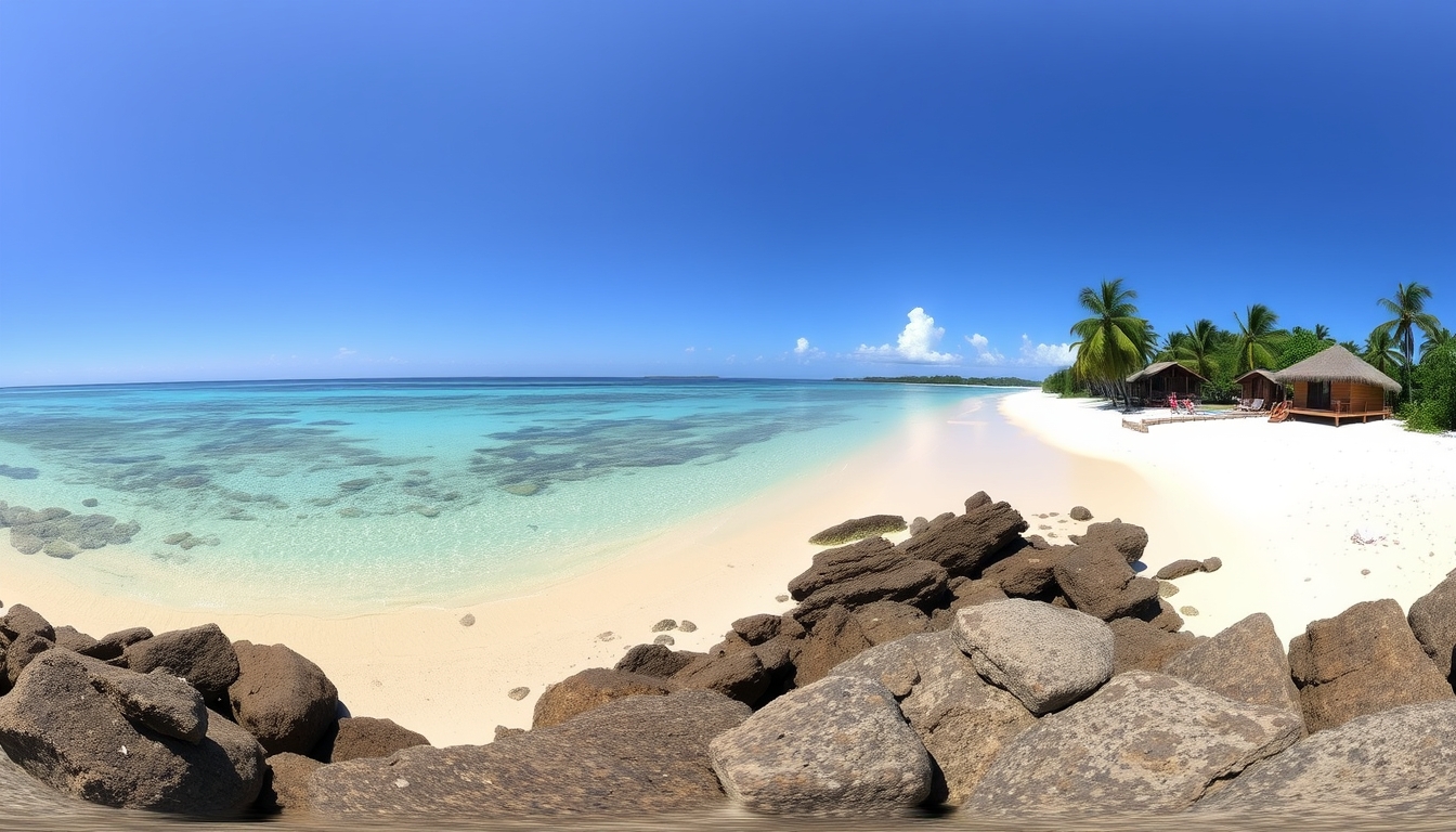 A panoramic view of a remote, pristine beach with crystal-clear waters, eco-friendly accommodations, and untouched natural beauty. - Image