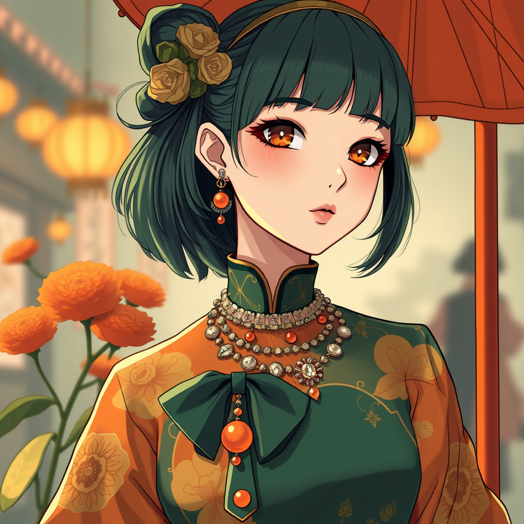 Girl in eco-friendly haute couture outfit in the style of anime, surrealism, Akira style. Details. Fine jewelry. Eco-friendly. Orange vibe. - Image