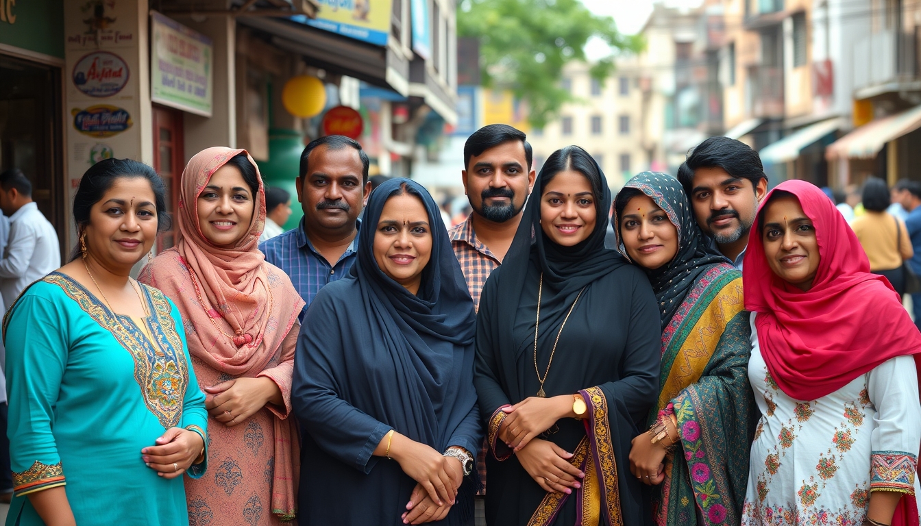 A group portrait of diverse individuals in traditional clothing, standing together in a vibrant, multicultural urban setting.