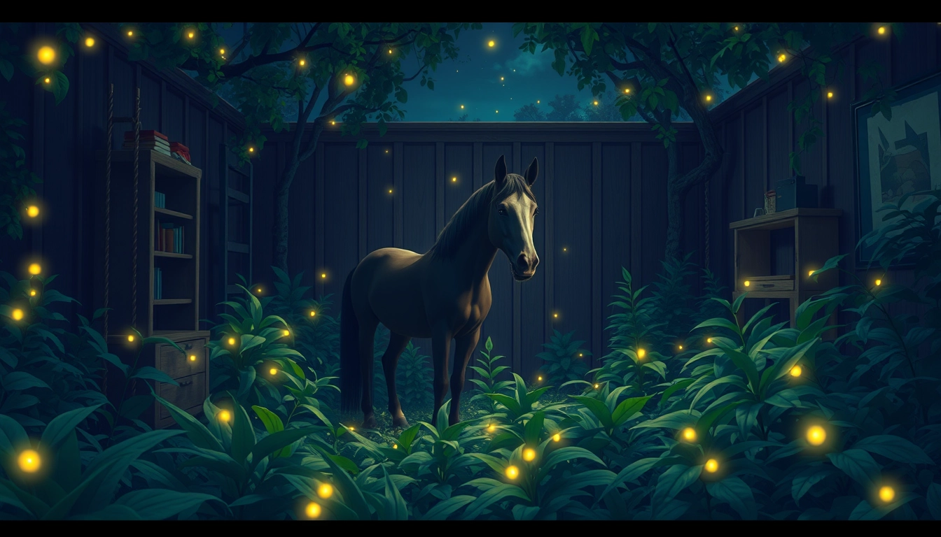 A nighttime scene, a horse in the room, surrounded by fireflies, filled with green plants, where the room and forest merge into one. - Image