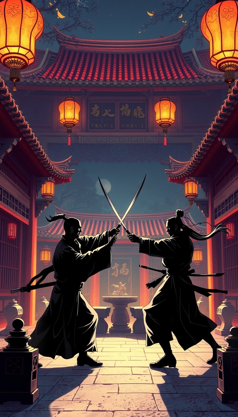 A high-resolution comic-style illustration of a duel between two martial arts masters in an ancient Chinese courtyard at night. Soft light highlights traditional patterns and antiques, with antique lanterns, stone carvings, and martial arts weapons in the courtyard. The silhouettes of two martial arts masters are shown in an intense duel, with the background conveying the mystery and grandeur of Chinese martial arts.