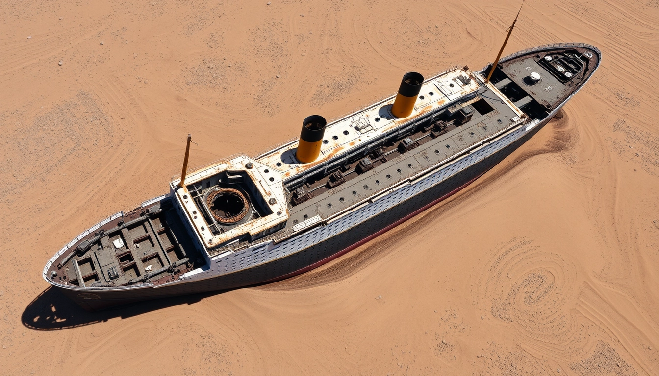 From a high vantage point looking straight down, the Titanic, broken into two halves, is slanted in the desert, abandoned for a long time, covered in rust.