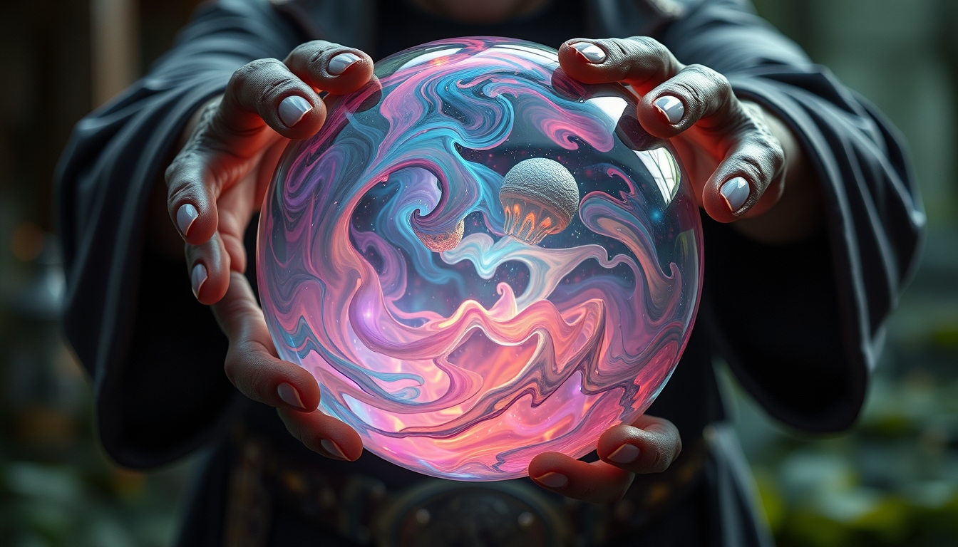 A mystical glass orb with swirling, ethereal colors inside, held by a wizard. - Image