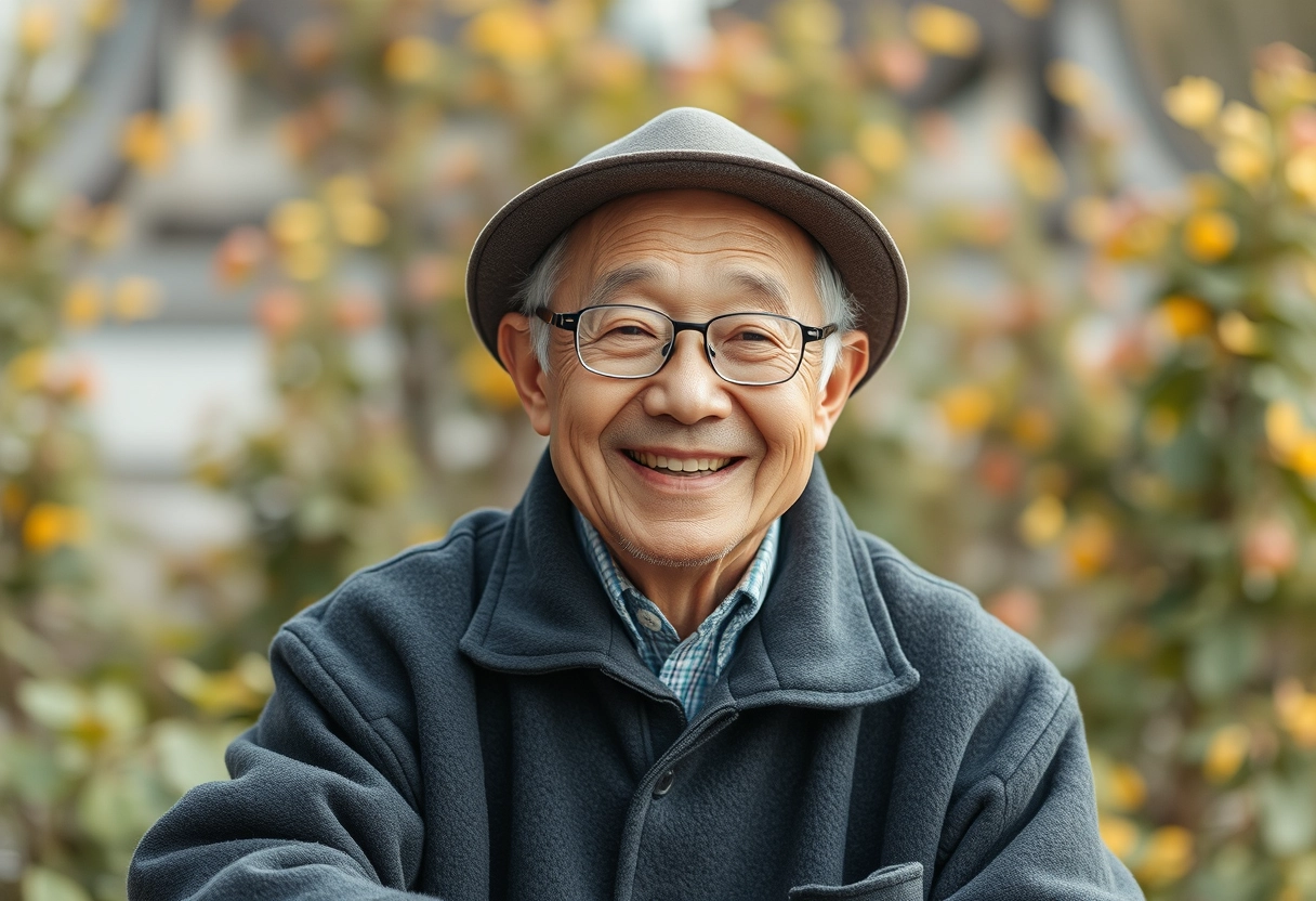 Korean grandfather, smiling, using AI economy service