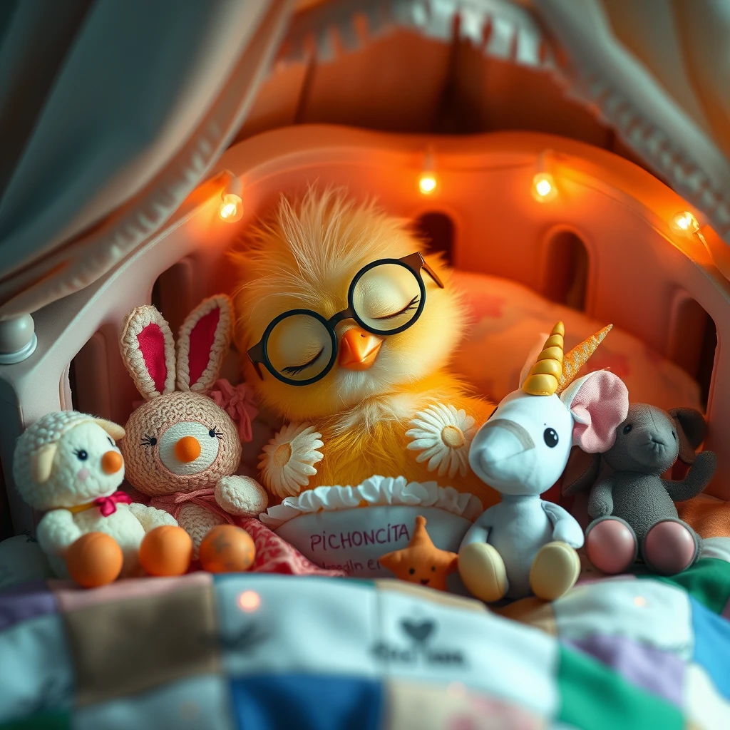 It's nighttime. A delicate, soft, sweet, fragile, Kawaii little chick, wearing glasses, rests its head on the pillow, deeply asleep in its precious little bed with tiny bells, frills, and soft, colorful lights, with childlike details that have the name PICHONCITA written on it, surrounded by patchwork blankets and accompanied by cheerful colorful bunny, little sheep, unicorn, and plush mouse. Photograph. - Image