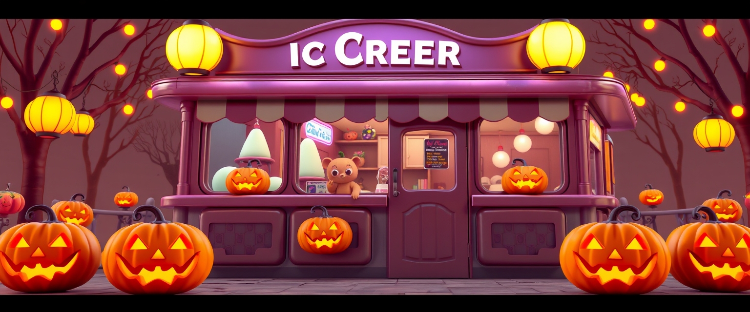 Ice cream parlor with jack-o'-lanterns, festive Halloween theme, 3D illustration.