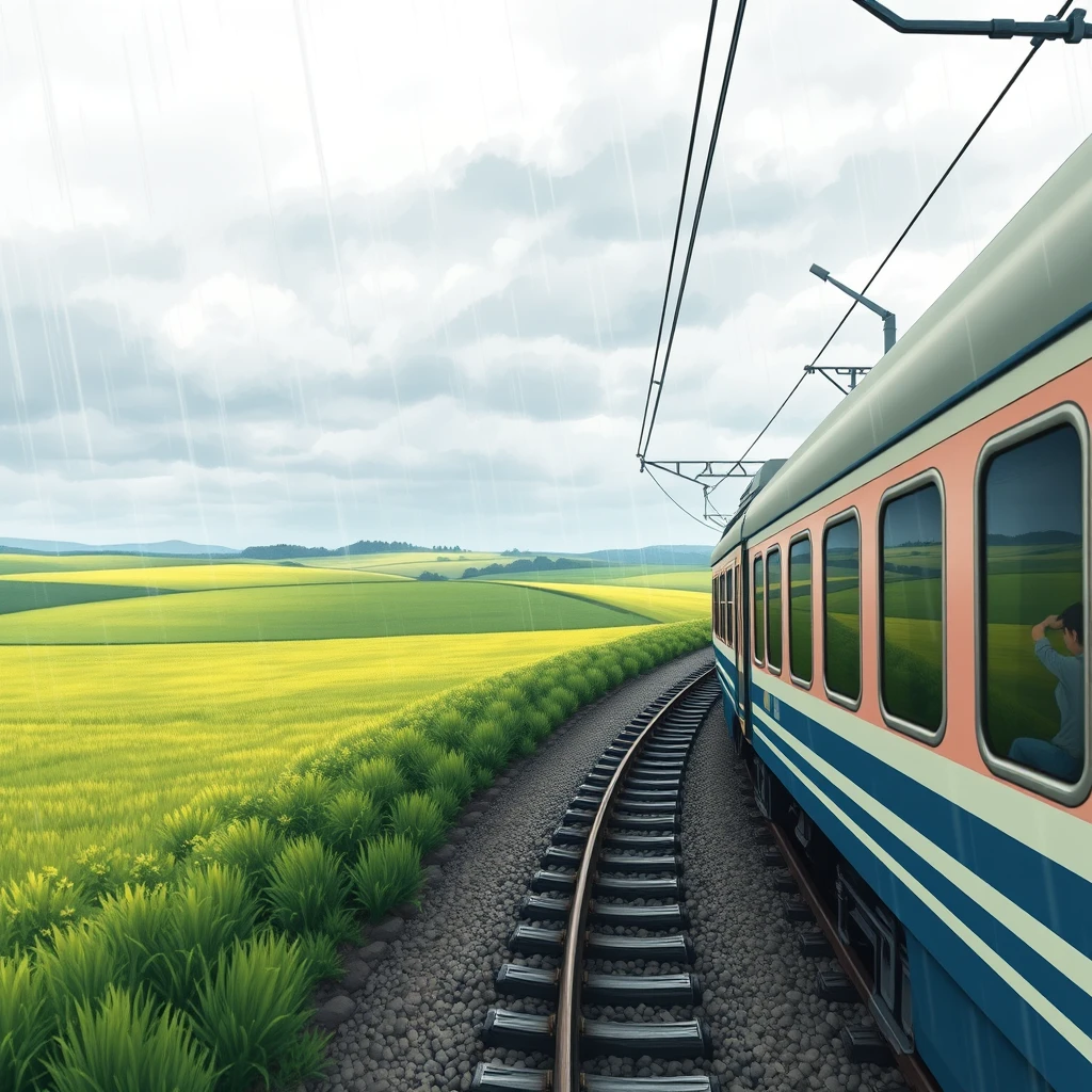 HD Ghibli art style. A train running on the tracks. Outside, green fields stretch into the distance under a cloudy, rainy sky.